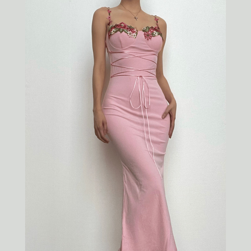 Flower Embroidered Lace-Up Sleeveless Midi Dress - Y2K Aesthetic & Coquette Style