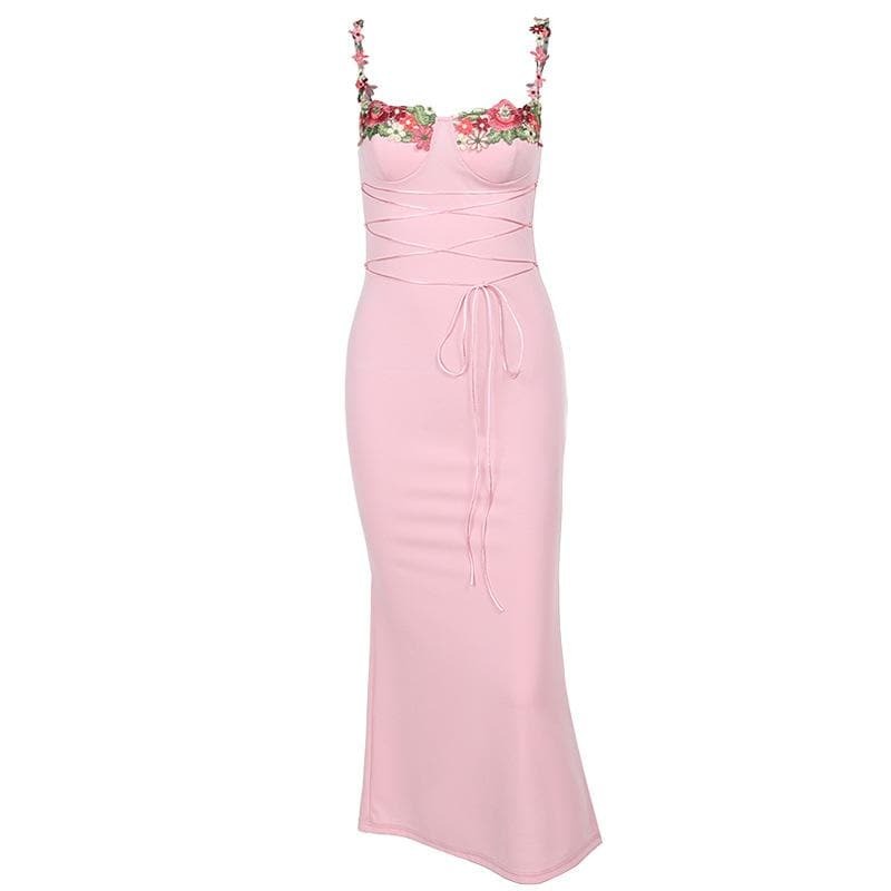 Flower Embroidered Lace-Up Sleeveless Midi Dress - Y2K Aesthetic & Coquette Style