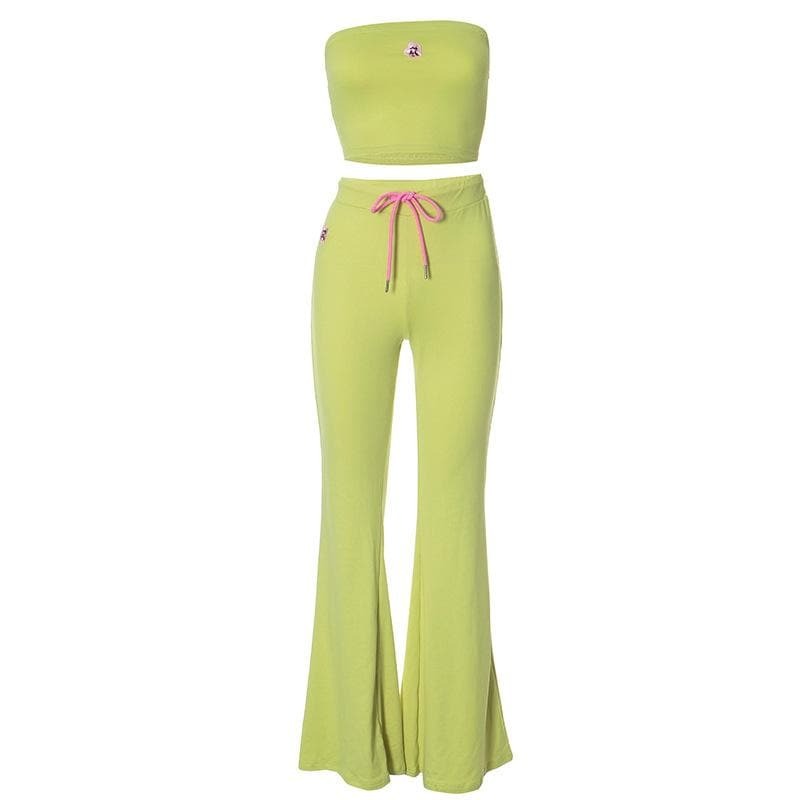 Flower Embroidery Ruched Tube Pant Set - Y2K Aesthetic, Coquette Style, Cute Outfits