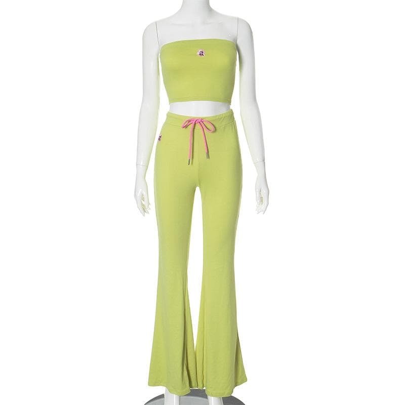 Flower Embroidery Ruched Tube Pant Set - Y2K Aesthetic, Coquette Style, Cute Outfits