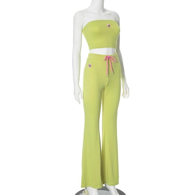 Flower Embroidery Ruched Tube Pant Set - Y2K Aesthetic, Coquette Style, Cute Outfits