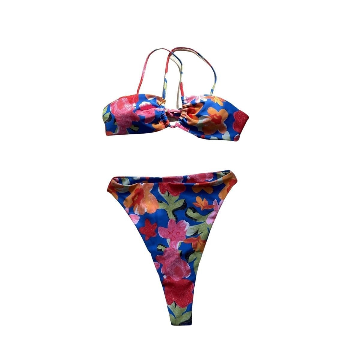 Flower Pattern Contrast Cross Back Backless Bikini - Y2K Aesthetic Swimwear for Summer Fun