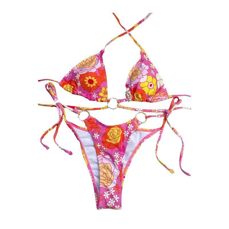 Flower Pattern Contrast O-Ring Self-Tie Halter Padded Bikini - Y2K Aesthetic Swimwear