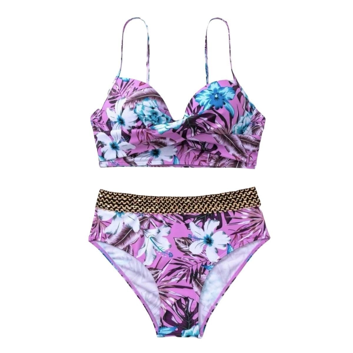 Flower Pattern Contrast Padded Backless Cami Bikini - Y2K Aesthetic Swimwear
