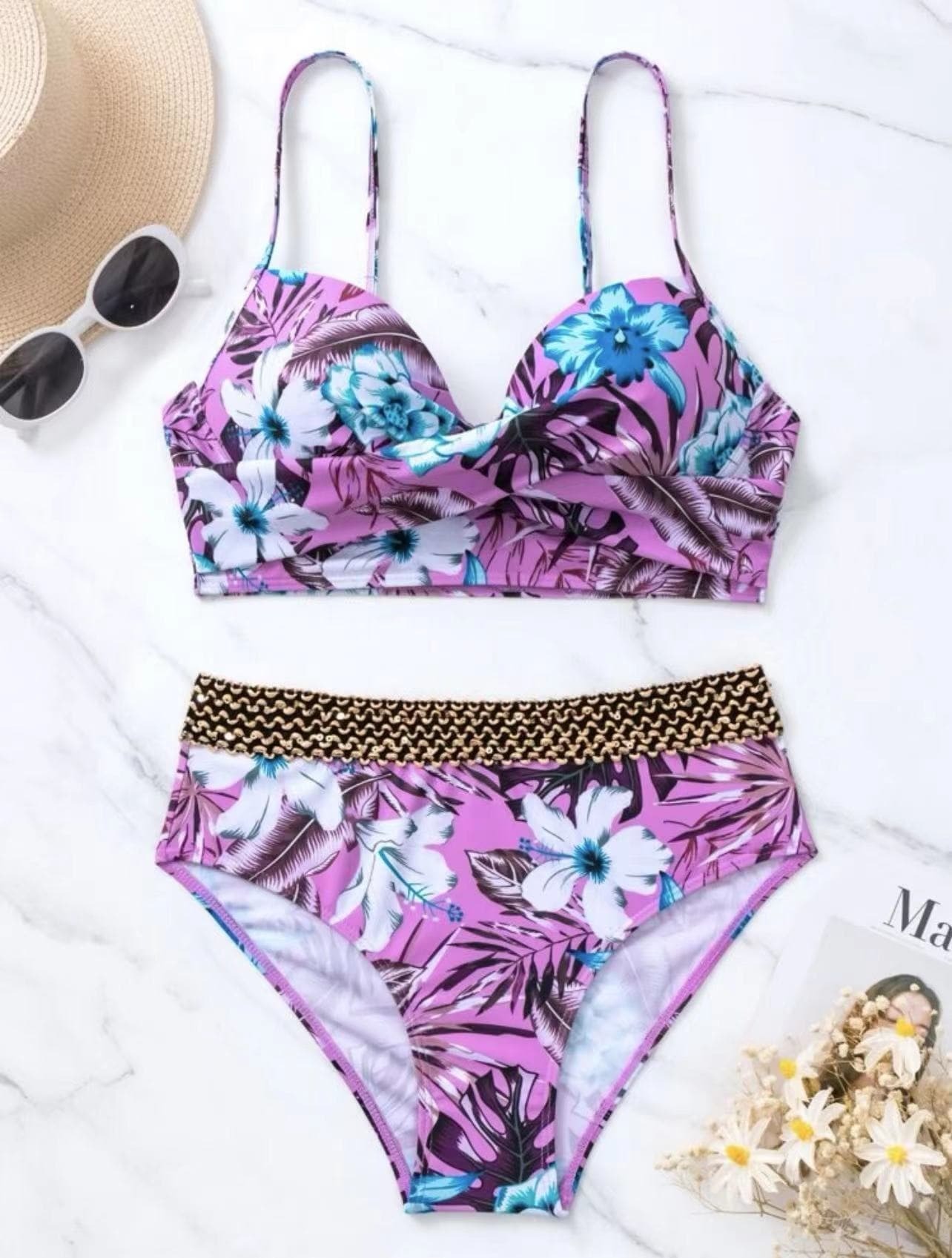 Flower Pattern Contrast Padded Backless Cami Bikini - Y2K Aesthetic Swimwear
