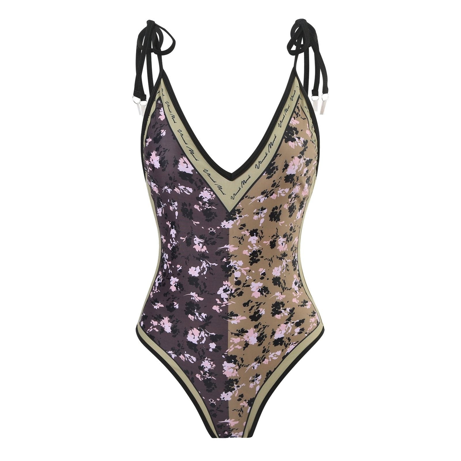 Flower Pattern Contrast Self-Tie V-Neck Backless One-Piece Swimsuit - Y2K Aesthetic Swimwear