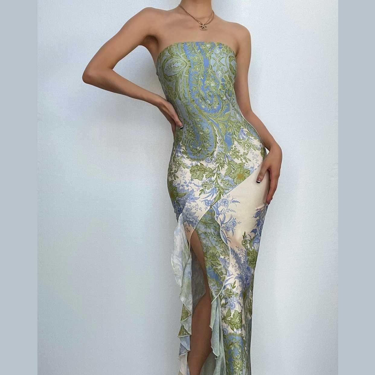 Flower Print Backless Maxi Dress with Slit - Y2K Aesthetic & Coquette Style