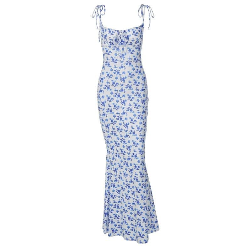 Flower Print Backless Mermaid Hem Maxi Dress - Y2K Aesthetic & Coquette Style