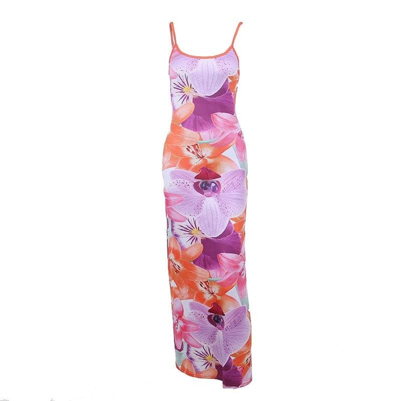 Flower Print Backless Slit Square Neck Cami Maxi Dress - Y2K Aesthetic & Coquette Style