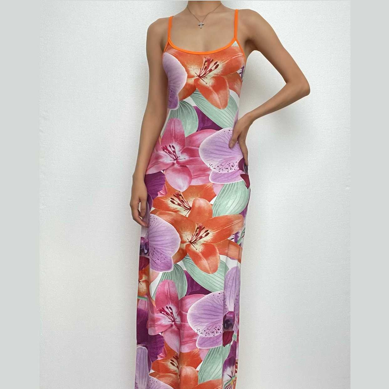 Flower Print Backless Slit Square Neck Cami Maxi Dress - Y2K Aesthetic & Coquette Style