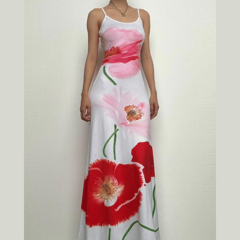 Flower Print Backless U-Neck Cami Maxi Dress - Y2K Aesthetic, Coquette Style, Cute Summer Fashion