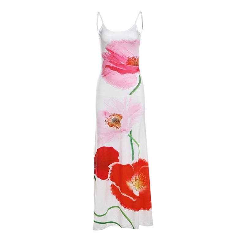 Flower Print Backless U-Neck Cami Maxi Dress - Y2K Aesthetic, Coquette Style, Cute Summer Fashion