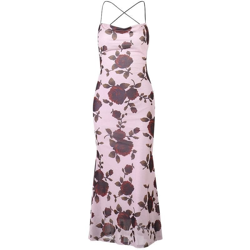 Flower Print Contrast Lace-Up Backless Midi Dress - Y2K Aesthetic & Coquette Style