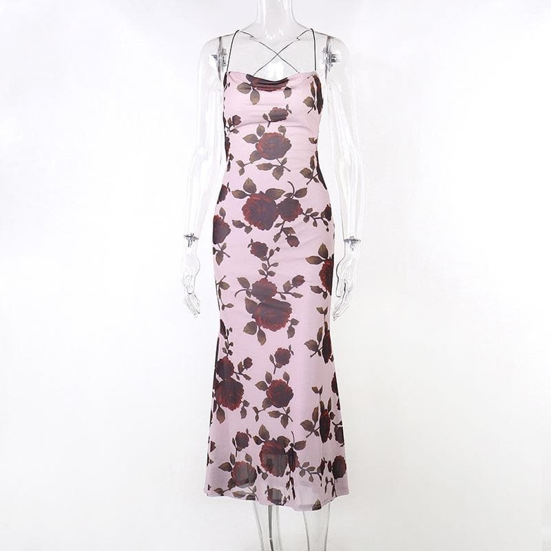 Flower Print Contrast Lace-Up Backless Midi Dress - Y2K Aesthetic & Coquette Style