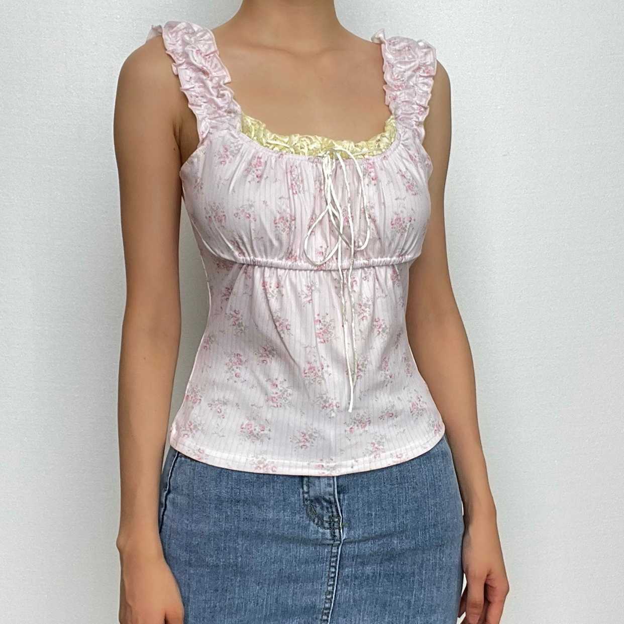 Flower Print Contrast Lace Hem Ruched Top - Y2K Aesthetic Cute Crop for Coquette Style