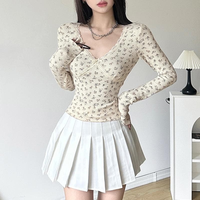 Flower Print Contrast Long Sleeve V-Neck Lace Hem Top - Y2K Coquette Aesthetic Style