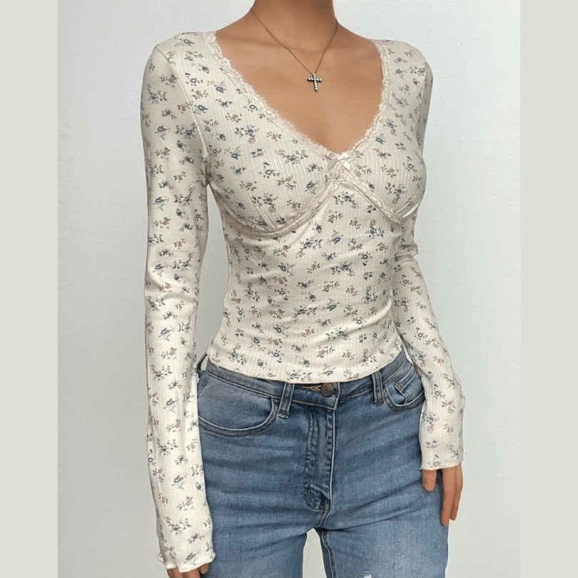 Flower Print Contrast Long Sleeve V-Neck Lace Hem Top - Y2K Coquette Aesthetic Style