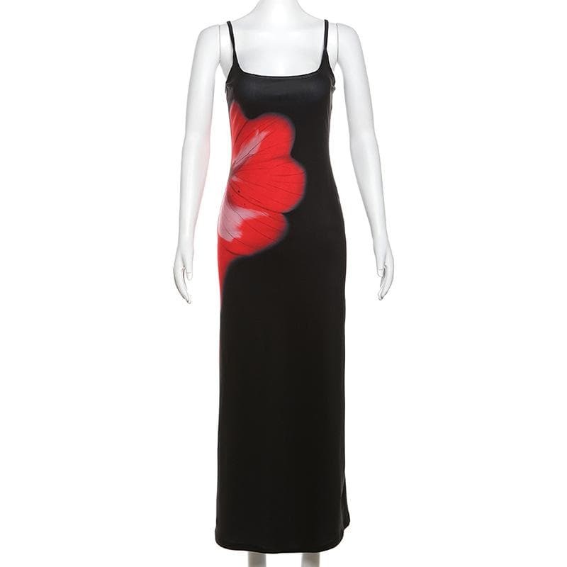 Flower Print Contrast Square Neck Cami Maxi Dress - Y2K Aesthetic & Coquette Style