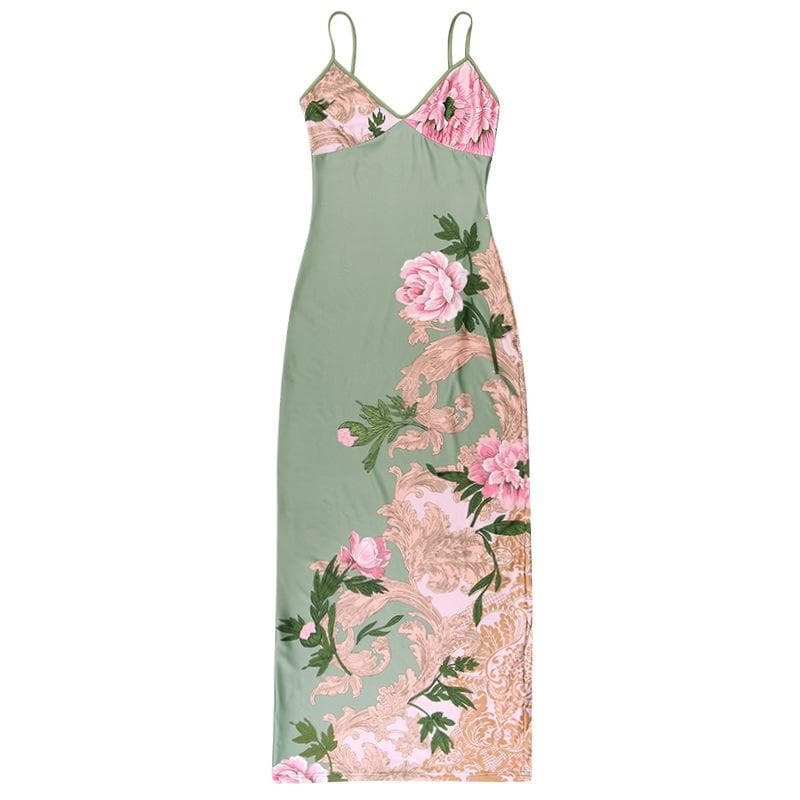 Flower Print Contrast V-Neck Backless Cami Maxi Dress - Y2K Aesthetic & Coquette Style