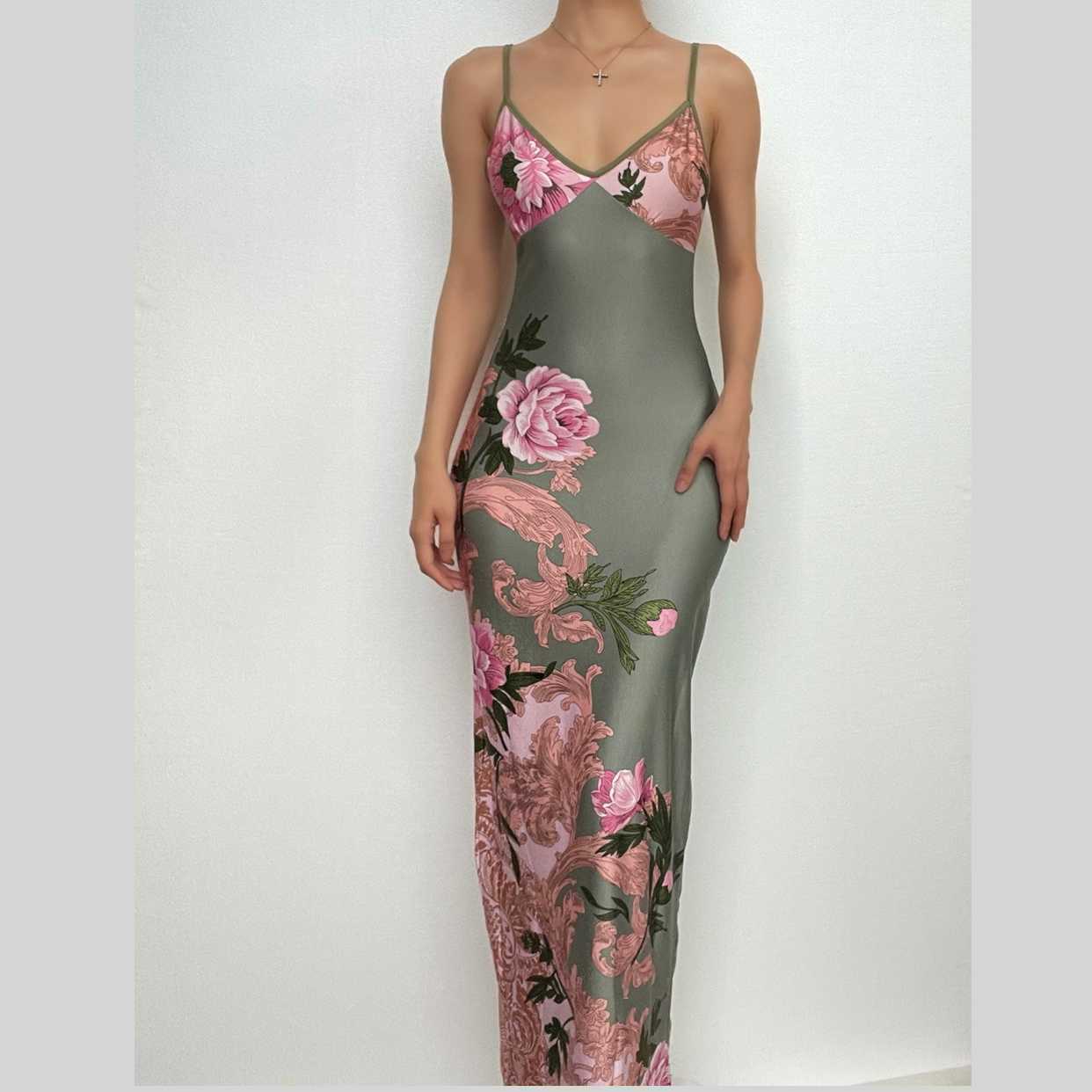 Flower Print Contrast V-Neck Backless Cami Maxi Dress - Y2K Aesthetic & Coquette Style