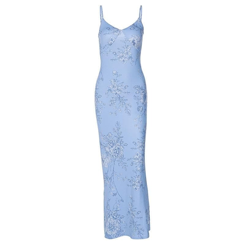 Flower Print Contrast V-Neck Cami Maxi Dress - Y2K Aesthetic, Coquette Style, Cute Summer Outfit