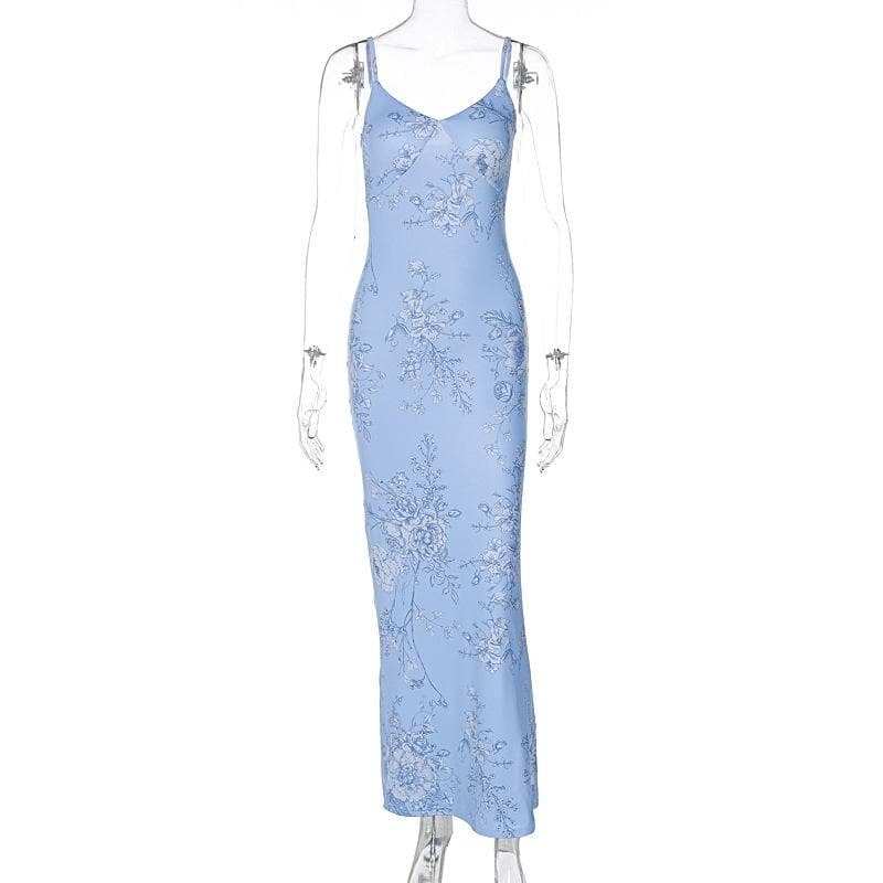 Flower Print Contrast V-Neck Cami Maxi Dress - Y2K Aesthetic, Coquette Style, Cute Summer Outfit
