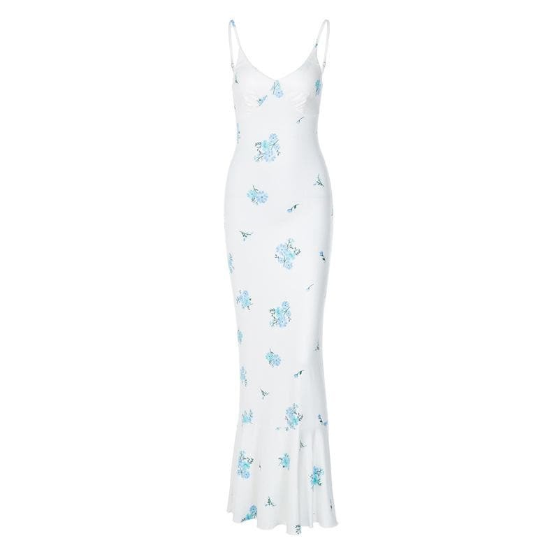 Flower Print Contrast V-Neck Ruched Cami Maxi Dress - Y2K Aesthetic & Coquette Style