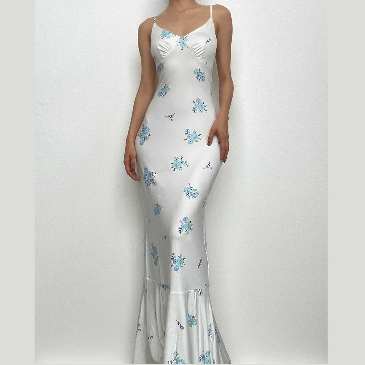 Flower Print Contrast V-Neck Ruched Cami Maxi Dress - Y2K Aesthetic & Coquette Style