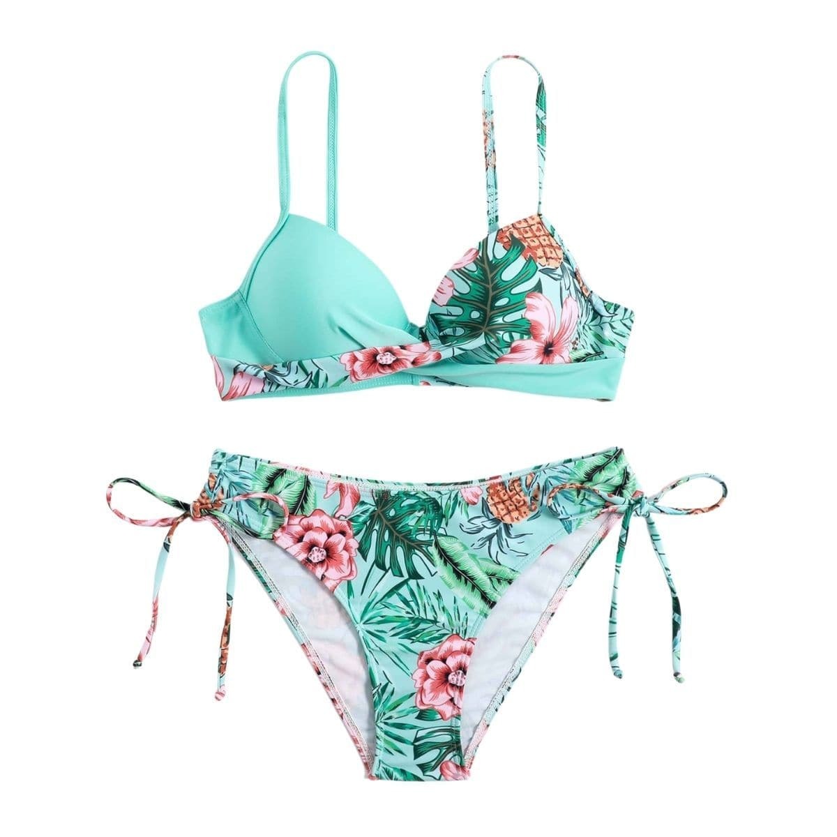 Flower Print Cross Front Padded Self-Tie Cami Bikini Swimwear for Y2K & Coquette Aesthetic