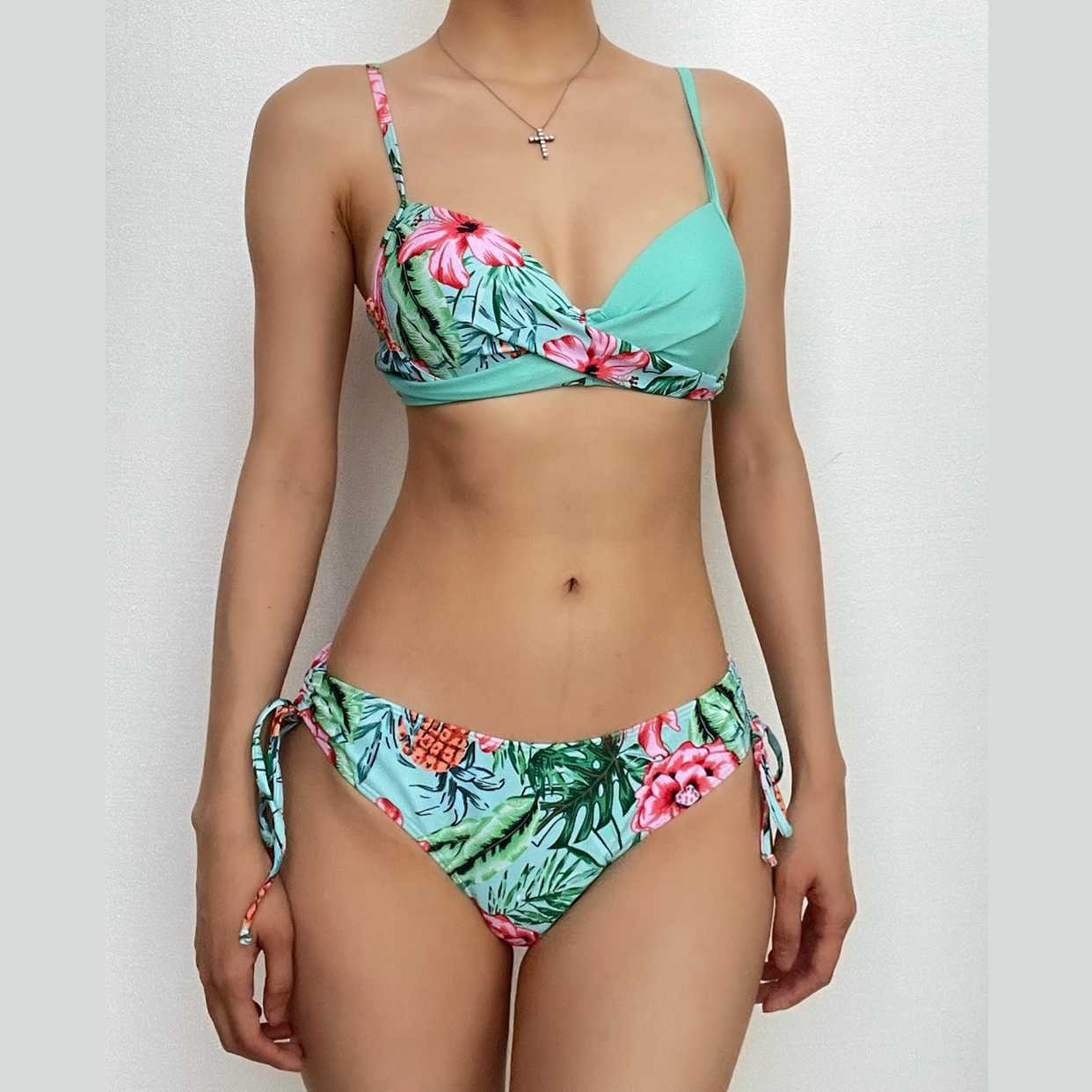 Flower Print Cross Front Padded Self-Tie Cami Bikini Swimwear for Y2K & Coquette Aesthetic