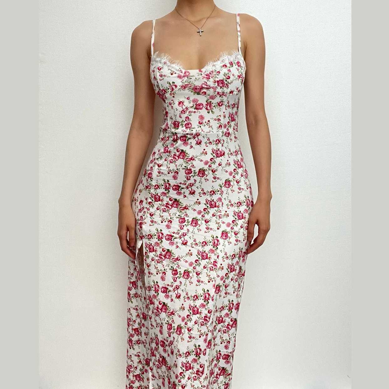 Flower Print Lace-Up Slit Low Cut Cami Midi Dress - Y2K Aesthetic & Coquette Style