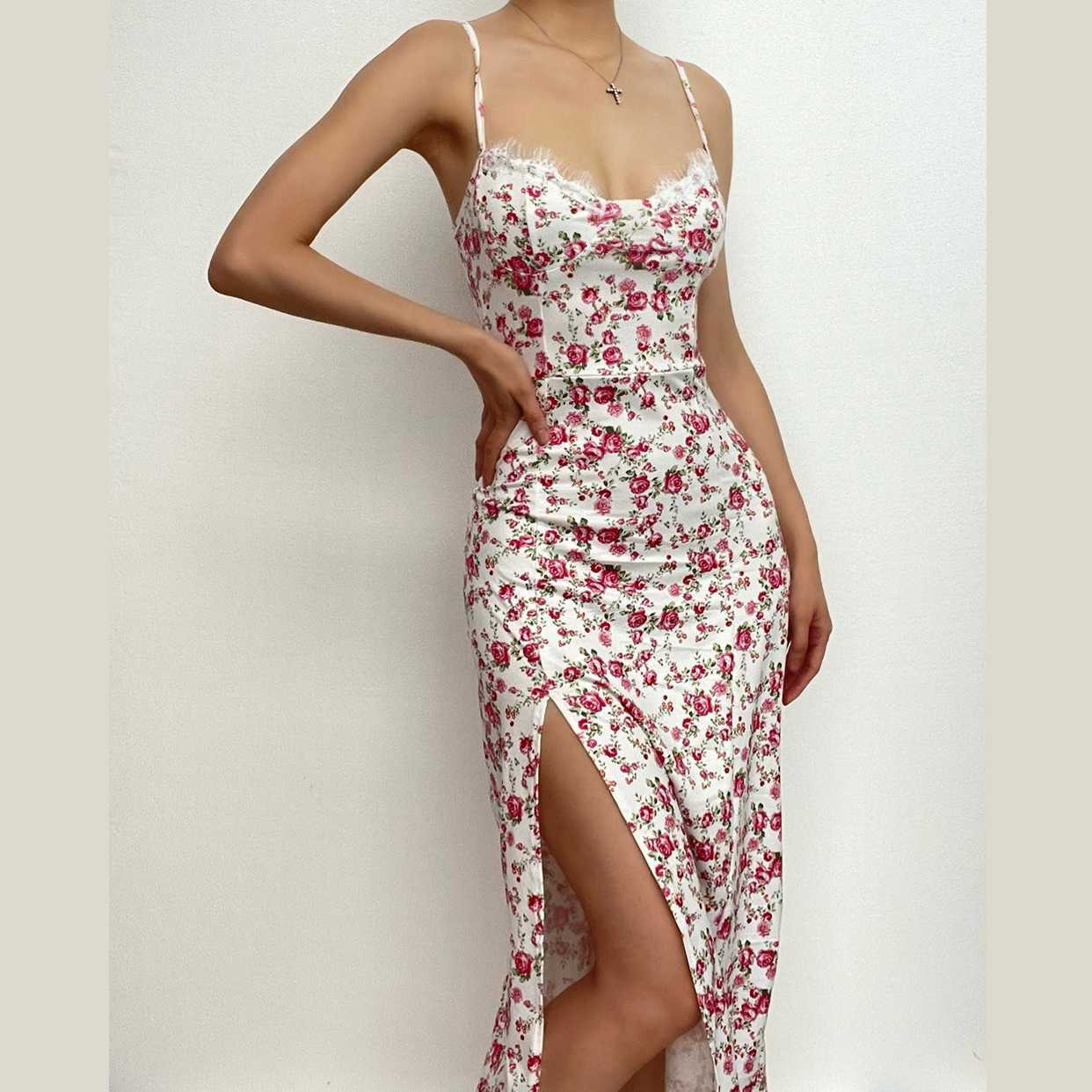Flower Print Lace-Up Slit Low Cut Cami Midi Dress - Y2K Aesthetic & Coquette Style