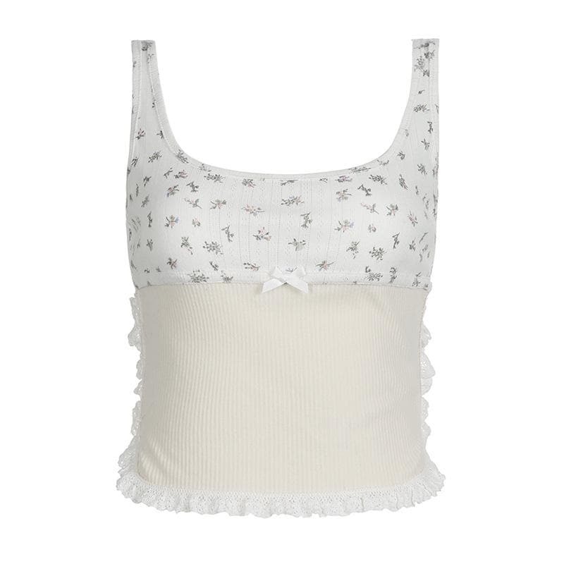 Flower Print Lace Hem Contrast Sleeveless Square Neck Top - Y2K Coquette Aesthetic