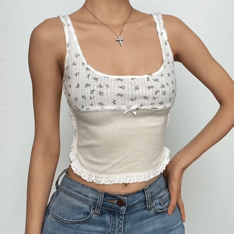 Flower Print Lace Hem Contrast Sleeveless Square Neck Top - Y2K Coquette Aesthetic
