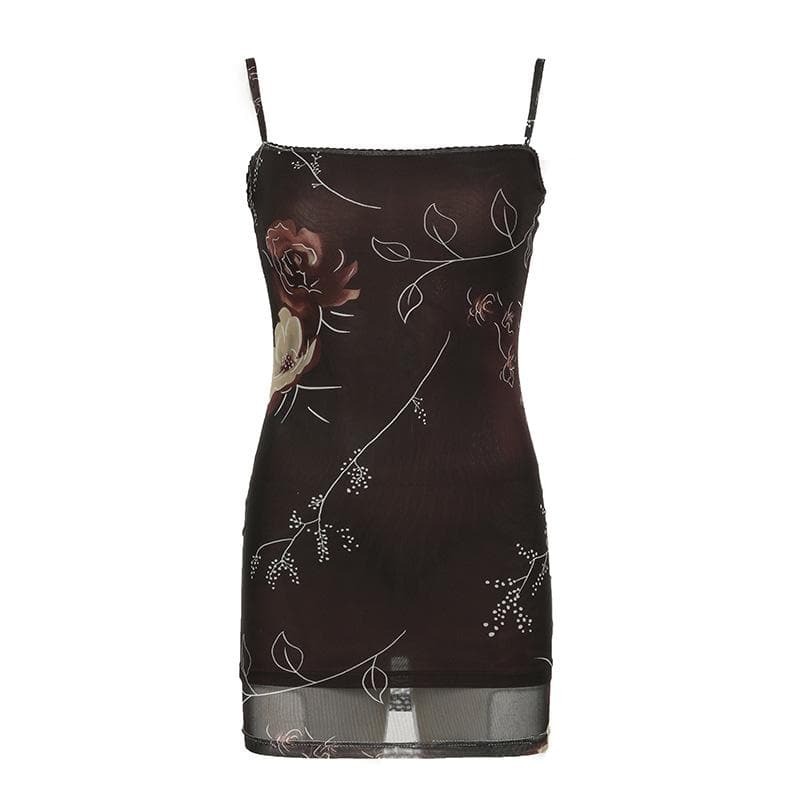 Flower Print Lace Hem Mesh Cami Mini Dress - Y2K Aesthetic, Coquette Style, Cute Summer Outfit