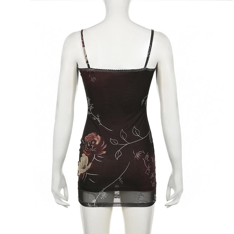 Flower Print Lace Hem Mesh Cami Mini Dress - Y2K Aesthetic, Coquette Style, Cute Summer Outfit