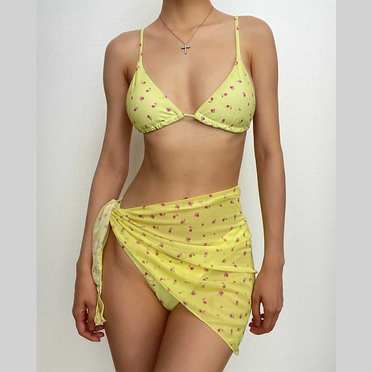 Flower Print Mesh Backless 3-Piece Swimwear Set - Y2K Aesthetic & Coquette Style