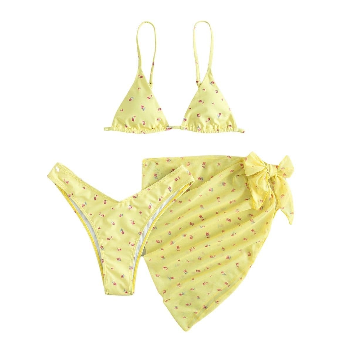 Flower Print Mesh Backless 3-Piece Swimwear Set - Y2K Aesthetic & Coquette Style