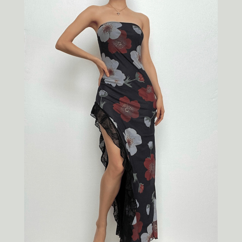 Flower Print Mesh Ruffle Slit Irregular Tube Midi Dress - Y2K Coquette Aesthetic