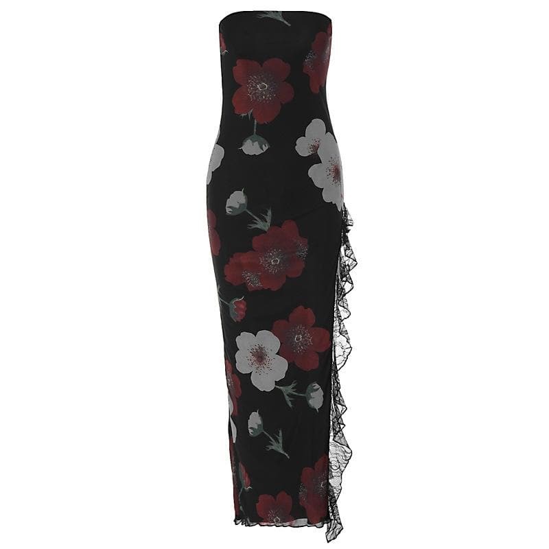 Flower Print Mesh Ruffle Slit Irregular Tube Midi Dress - Y2K Coquette Aesthetic