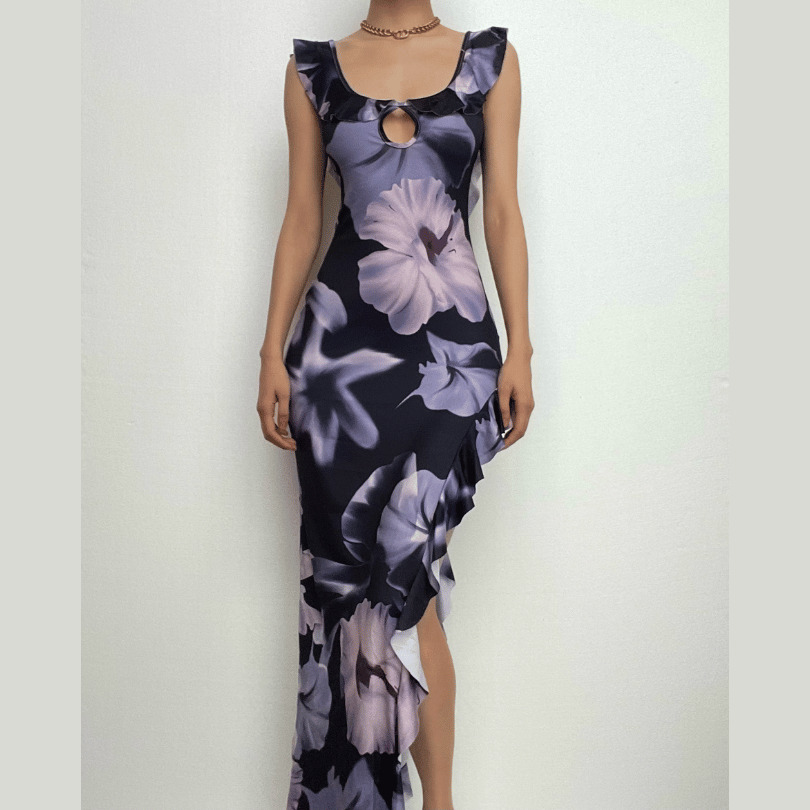 Flower Print Ruffle Backless Maxi Dress with Irregular Slit - Y2K Coquette Aesthetic