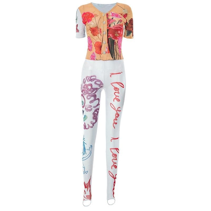 Flower Print Sheer Mesh Short Sleeve Pant Set - Y2K Aesthetic & Coquette Style