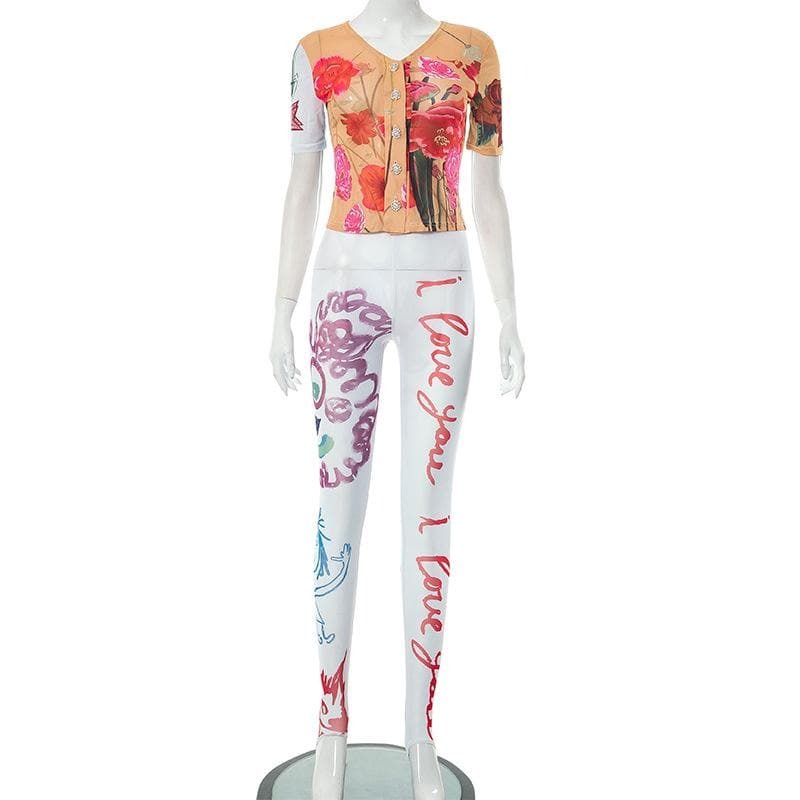 Flower Print Sheer Mesh Short Sleeve Pant Set - Y2K Aesthetic & Coquette Style