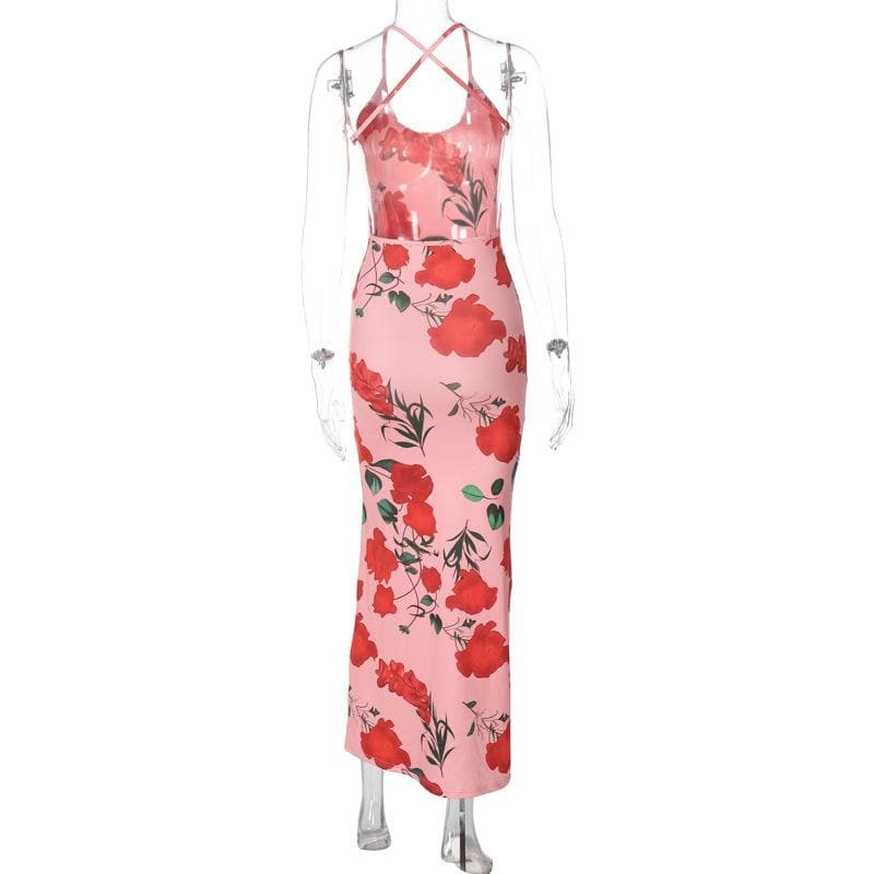 Flower Print U-Neck Backless Cami Midi Dress - Y2K Aesthetic, Coquette Style, Cute Outfits