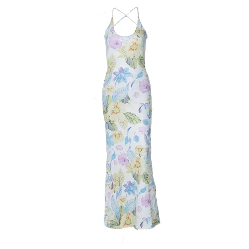 Flower Print U-Neck Backless Cami Midi Dress - Y2K Aesthetic, Coquette Style, Cute Outfits