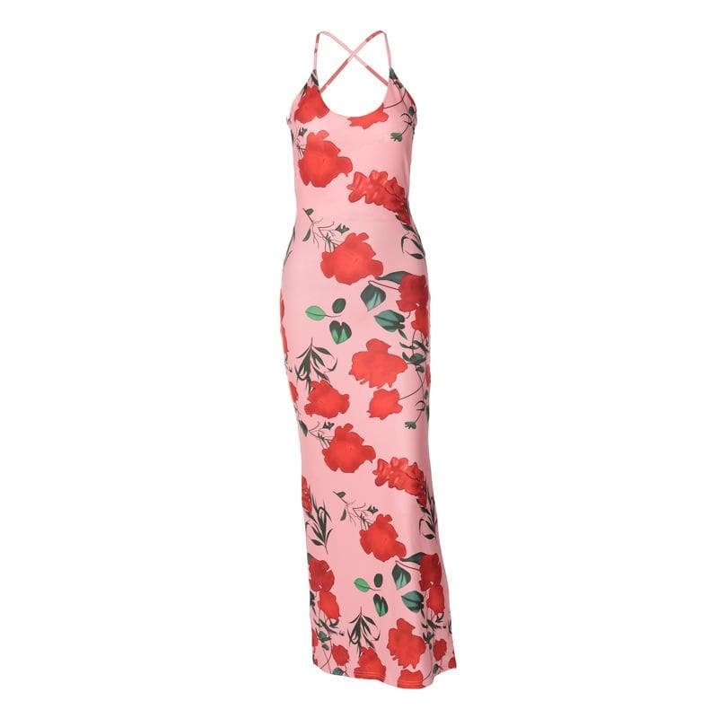 Flower Print U-Neck Backless Cami Midi Dress - Y2K Aesthetic, Coquette Style, Cute Outfits