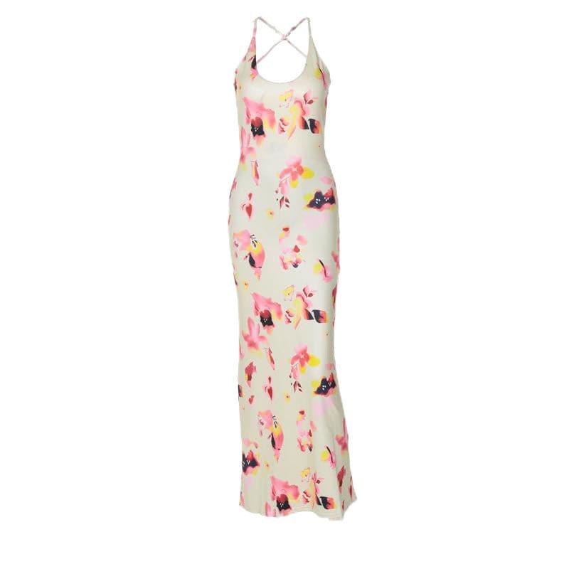 Flower Print U-Neck Backless Cami Midi Dress - Y2K Aesthetic, Coquette Style, Cute Outfits