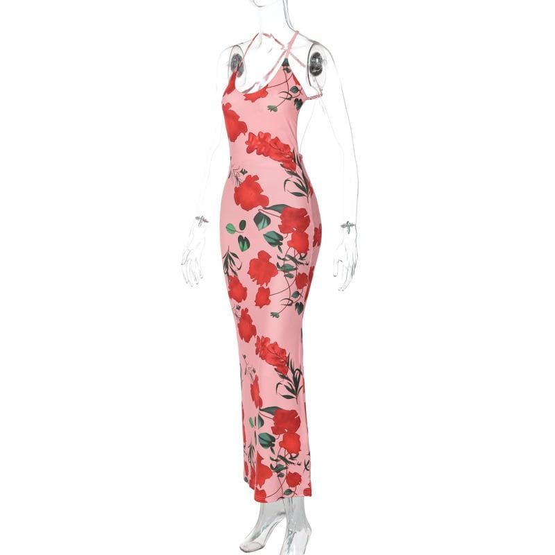 Flower Print U-Neck Backless Cami Midi Dress - Y2K Aesthetic, Coquette Style, Cute Outfits