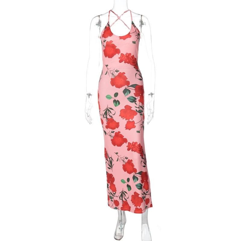Flower Print U-Neck Backless Cami Midi Dress - Y2K Aesthetic, Coquette Style, Cute Outfits