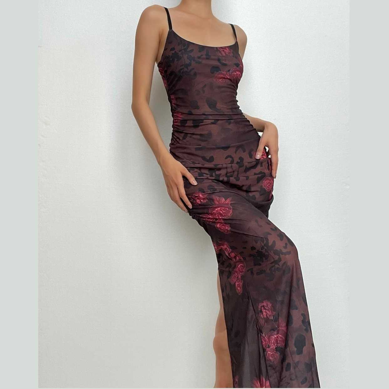 Flower Print U-Neck Ruched Backless Cami Maxi Dress - Y2K Aesthetic & Coquette Style
